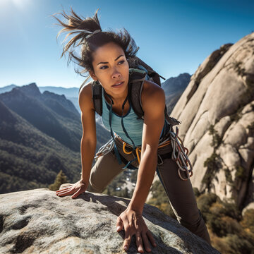 Young Confident Woman Rock Climbing At The Mountains On Sunny Day.