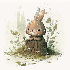 Ai generated cute little rabbit in the forest smiling illustration