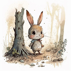 Ai generated cute happy bunny in the foggy forest on white background