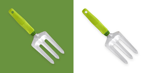 Gardening tool equipment. Garden fork with plastic green handle for planting, potting and weeding...