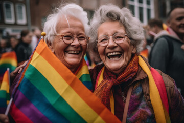 Charismatic Generative AI Seniors at LGBTQ+ Gay Pride Parade in Amsterdam. Friendship and Diversity in the LGBTQ+ Community. Amsterdam Pride Month Celebration
