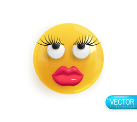 Realistic 3d Icon. Emoji face. Render of yellow glossy color emoji in plastic cartoon style