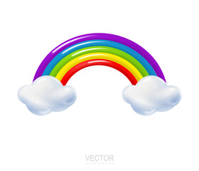 3d rainbow with clouds cartoon style. Weather phenomenon concept. Vector illustration of colorful arc with cloud