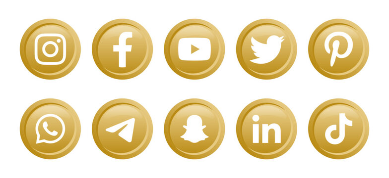 social media icons set. social media logo , facebook, instagram, youtube, whatsapp, twitter, snapchat, pinterest, linkedin, telegram, tiktok, icon - social network logos gold buttons. vector editorial
