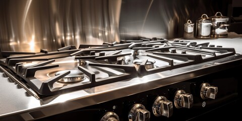 A gleaming stovetop reflects the kitchen lights free of splatters and spills after a thorough scrubbing, concept of Cleanliness, created with Generative AI technology - obrazy, fototapety, plakaty