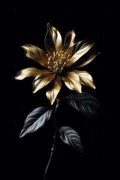 Beautiful golden flowers with black leaves isolated on a dark black background. Creative mystery concept. Elegant love and passion floral idea. 3d Illustration
