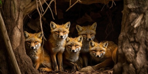 A pack of red foxes cuddled up together in their cozy den, concept of Familial bonding, created with Generative AI technology