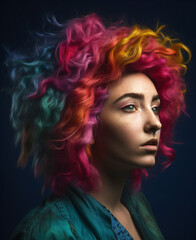 Fototapeta premium A woman portrait shot with colorful hair and shirt isolated on a blue background Generative Ai