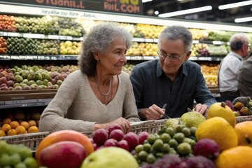 Portrait of happy smiling interracial  family couple enjoys shopping time at fruit counter in a grocery supermarket. Generative AI