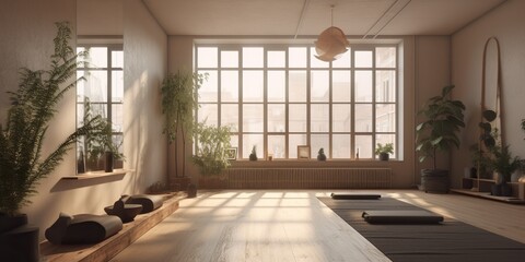 An inviting, minimalist yoga studio with natural light and green plants, promoting wellness and mindfulness , concept of Simplicity, created with Generative AI technology