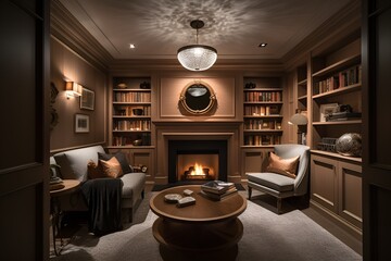 A cozy den with a fireplace, built-in bookshelves, and comfortable seating that creates the perfect atmosphere for relaxation and reflection - Generative AI - obrazy, fototapety, plakaty