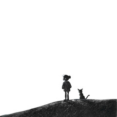 girl and cat start gazing on a hill