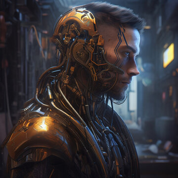 A cyborg man in a futuristic suit side view Generative Ai