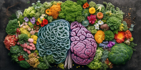 The brain as a garden, with different parts of the brain represented by different types of plants, Generative AI