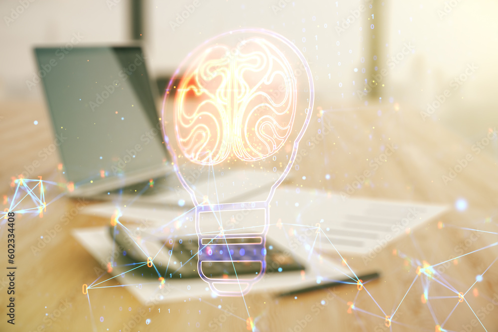 Poster abstract virtual light bulb illustration with human brain on blurry calculator and computer backgrou
