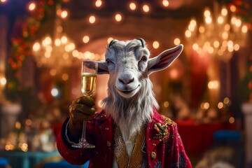Fototapeta na wymiar Portrait of a goat with a glass of champagne in his hand. Generative ai
