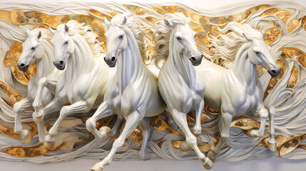 White horses on the background of a wall with decorative ornaments. Generative ai