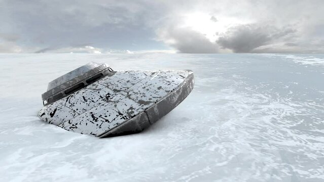 Flying saucer Alien metallic ufo stuck in sea ice, aerial view
3d illustration of alien spaceship in frozen ice, north or south pole,4K, 2023
