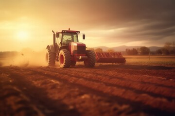 Tractor cultivating field at spring. Generative Ai 