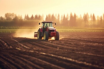Obraz premium Modern red tractor in the field. Generative Ai 