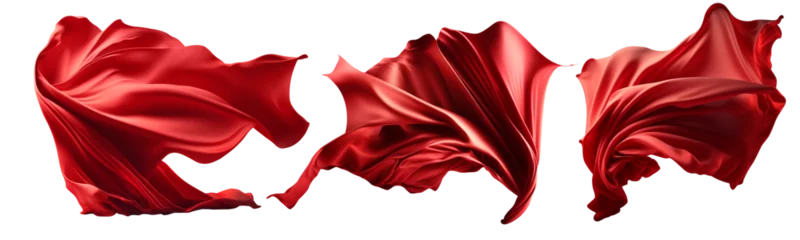 Foto auf Alu-Dibond Collection of flying red silk fabric. Waving satin cloth isolated on transparent PNG background. Generative AI. © Igor