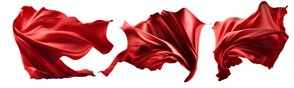 Collection of flying red silk fabric. Waving satin cloth isolated on transparent PNG background. Generative AI.