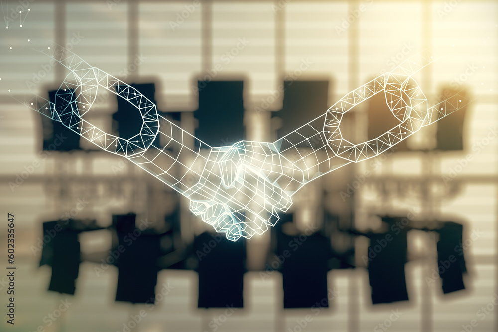 Poster double exposure of abstract virtual blockchain technology hologram with handshake on a modern meetin
