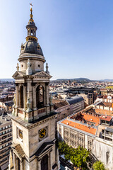 Fototapeta na wymiar Aerial view of Budapest from St. Stephen's Basilica's cupola with its tower, Hungary