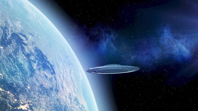 Flying saucer ufo approaching planet Earth
3d illustration cinematic view of UFO close to earth
