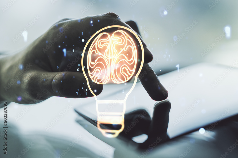 Poster creative light bulb with human brain hologram and hand working with a digital tablet on background, 