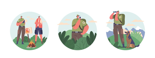Isolated Round Icons with Forester Ranger Character with Dog Providing National Park Services, Issues Fine For Campfire