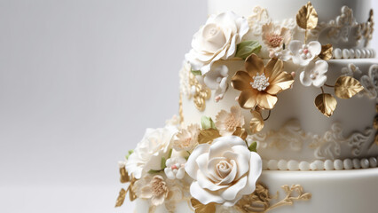 Golden flowers from confectionery mastic on a wedding cake close-up. Photorealistic illustration generative AI.
