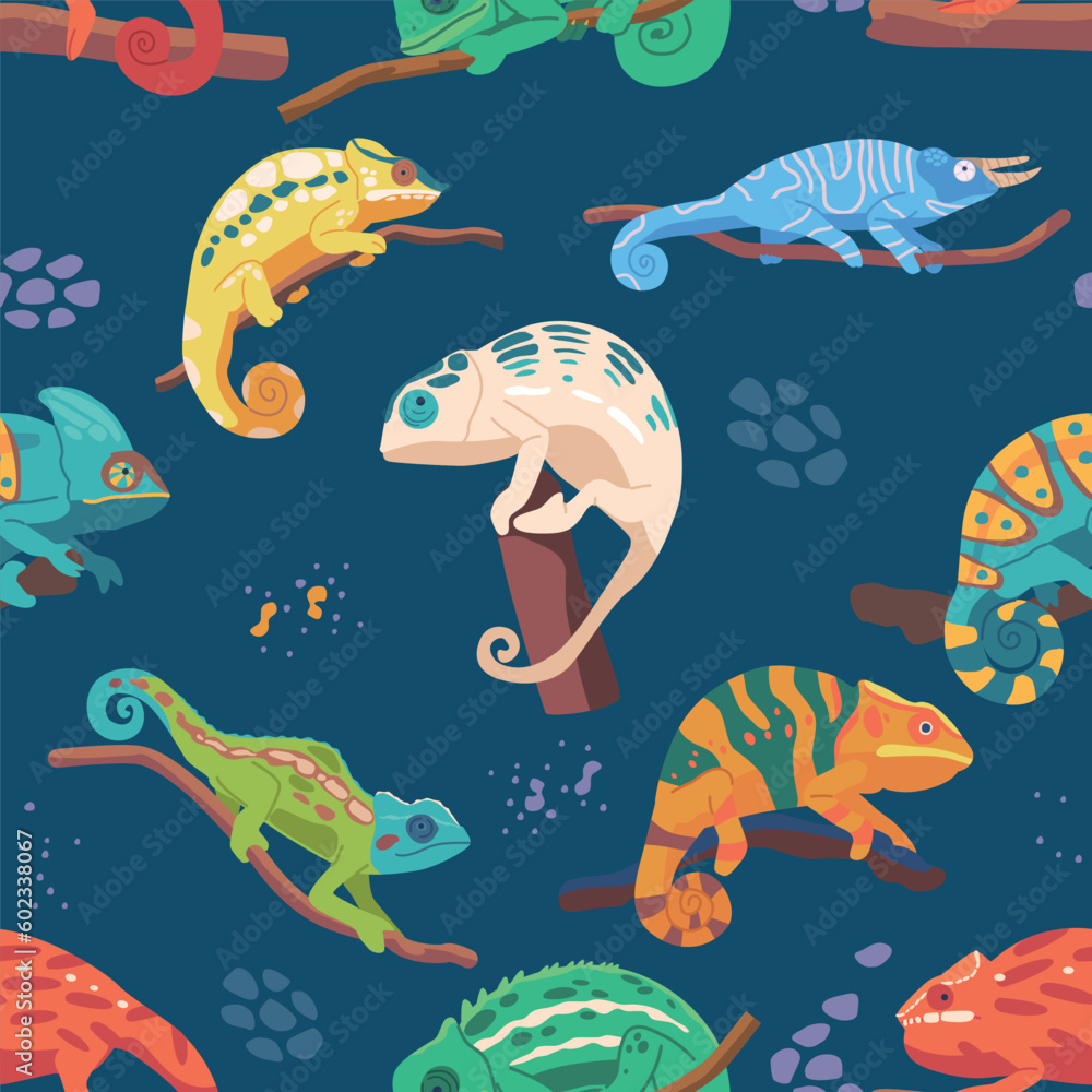 Poster seamless pattern of chameleons in various colors and sizes arranged in a repetitive manner, creating