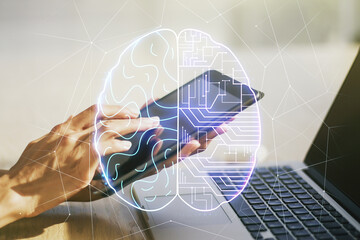 Creative artificial Intelligence concept with human brain sketch and finger presses on a digital tablet on background. Double exposure