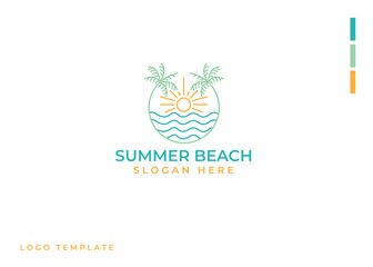 Obraz premium summer beach line art logo vector. palm tree, sun and sea waves icon design