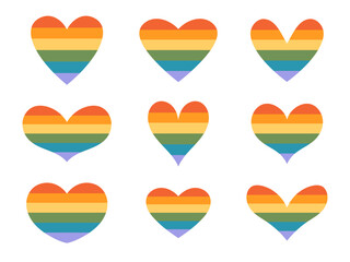 Vector LGBT hearts in flat design. Pride month symbols. LGBT community signs. Hearts in rainbow colors. LGBTQ design elements.