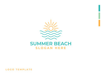 summer beach line art logo vector. palm tree, sun and sea waves icon design