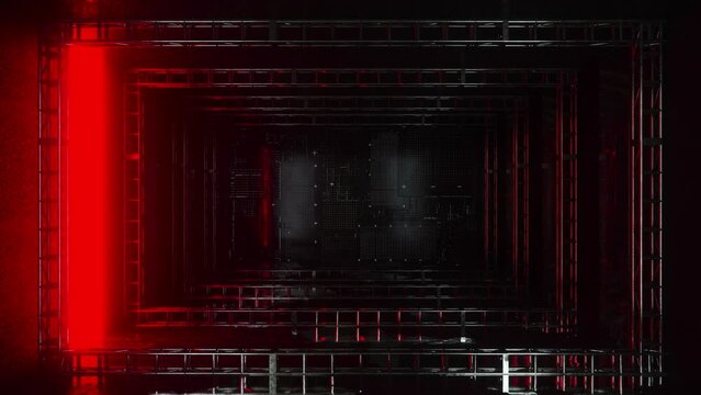 Truss room with light plates, shining in red and white colors, pulsating inwards, seamless VJ Loop