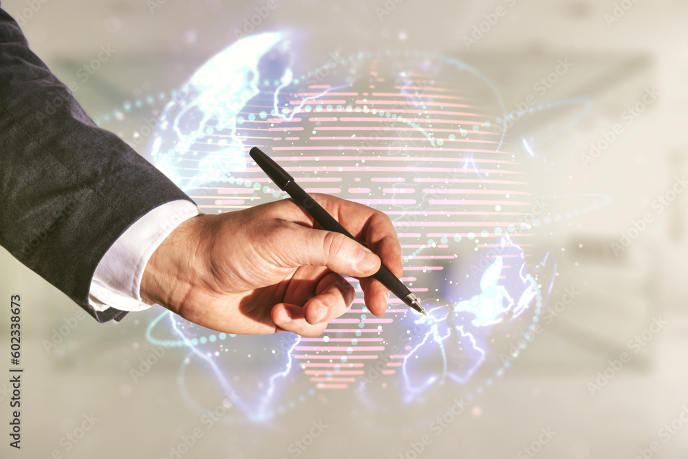 Aufkleber double exposure of man hand with pen working with abstract digital world map hologram with connectio