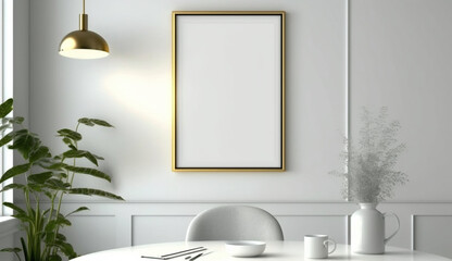 Fototapeta na wymiar Mock up poster blank frame in dining room interior with white wall background. Generative AI.