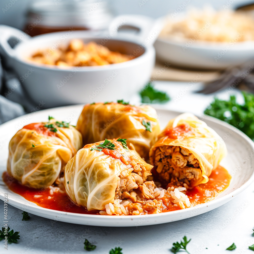 Wall mural Stuffed cabbage with rice on a white table. AI generativ.