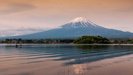 lake Kawaguchiko with mt. fuji and reflection at dawn, Japan