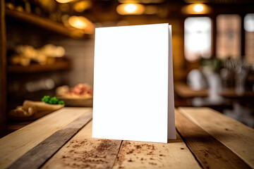 White blank restaurant menu sign paper. wooden indoor advertisement AI Generated