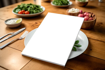 White blank restaurant menu sign paper. wooden indoor advertisement AI Generated