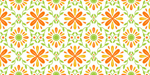 Ethnic Abstract Background cute Orange Green Daisy Victorian  Flower geometric tribal folk Motif oriental native pattern traditional carpet wallpaper clothing fabric wrapping print batik folk vector