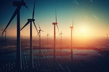 Silhouette of Wind Turbines at sunset. Alternative energy. Green energy. Generative AI