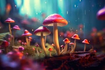 Mushroom Cluster in a Vibrant Forest with Red and Pink Ambient Lighting. Generative AI