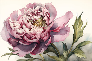 Watercolor realistic picture of a pink peony flower. Floral vintage arrangement. Botanical illustration for greeting cards, bouquets, wreaths, wedding invitations and summer backgrounds, anniversary.