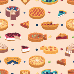 Seamless Pattern Featuring Various Types Of Pies And Cut Out Pieces In A Repeating Design, Cartoon Vector Illustration