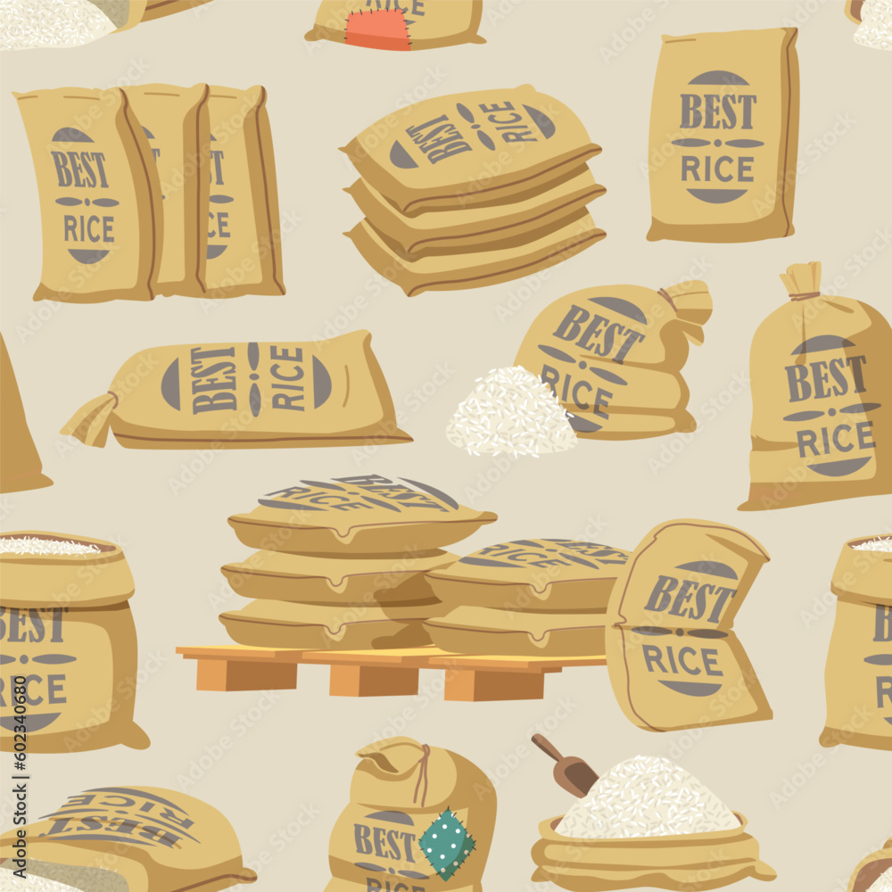 Aufkleber seamless pattern with rice sacks features a repeating design of natural jute sacks commonly used for
